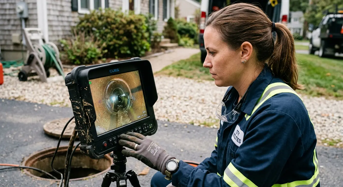 Technician reviewing sewer camera inspection footage in Brunswick