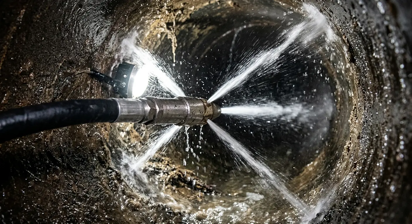 High-pressure hydro jetting nozzle cleaning sewer pipe for Trenchless Sewer Repair in Brunswick