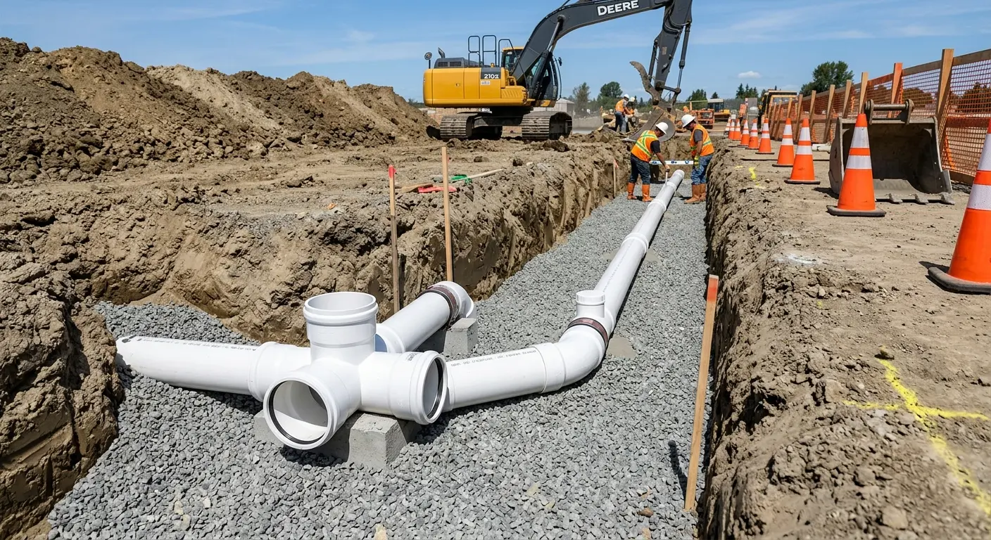 New PVC sewer pipe installation in open trench for Sewer Backup in Brunswick