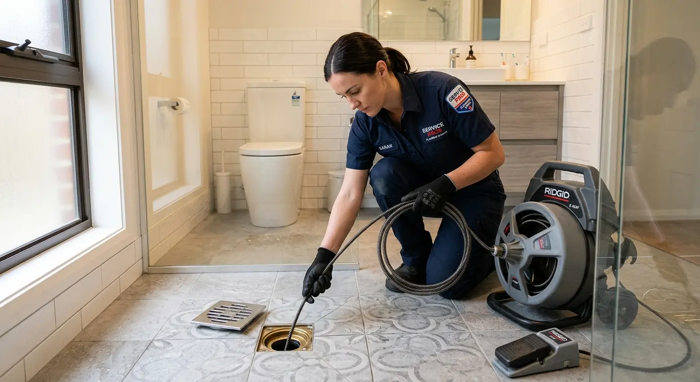 Technician clearing a bathroom floor drain for Hydro Jetting in Brunswick